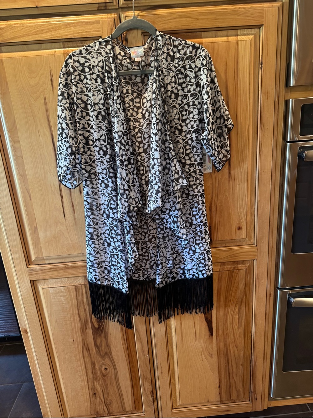 LuLaRoe Black and White Patterned Fringe Cardigan